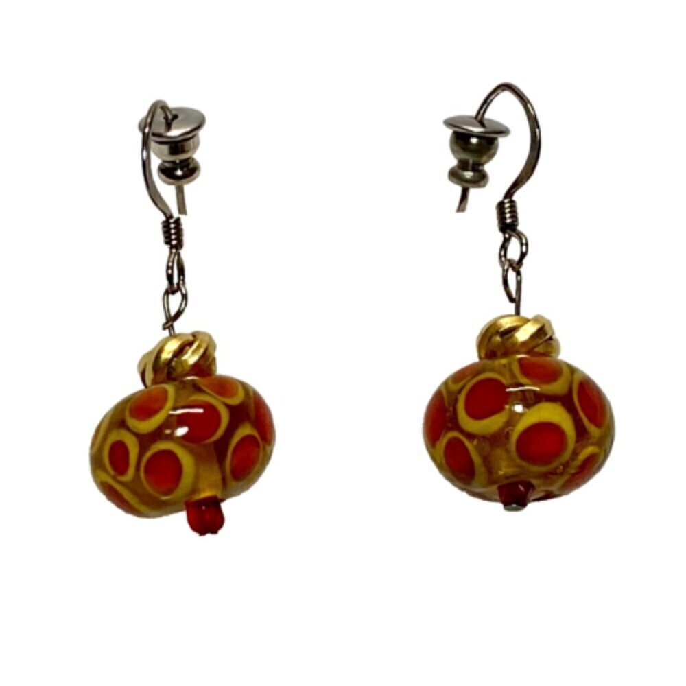Murano Venetian Earrings Clear Glass Bead Multi Color Polka Dot Dangle Hook VTG